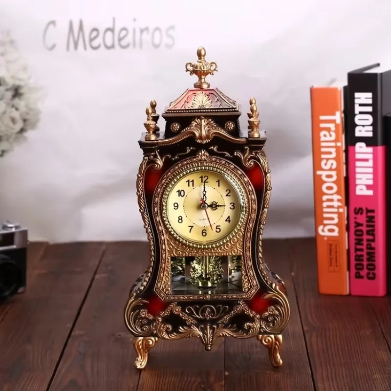 European Antique Desk Alarm Clock Classical Royalty Design Vintage Decorative Clock with Imperial Sit Pendulum Luxury Accent