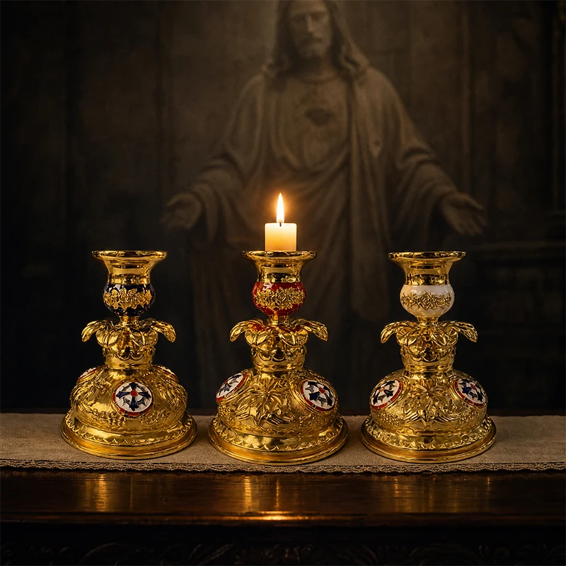 Luxury Byzantine Orthodox Tall Candlestick Gold Plated White Red Blue Enamel Medallion Church Altar Candle Holder Religious Gift