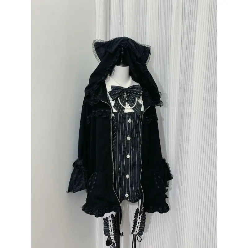 

Japanese Style Lolita Sweet Coat Woman Gothic Vintage Kawaii Lace Hooded Jacket Harajuku Y2k Korean Fashion Clothing Chic