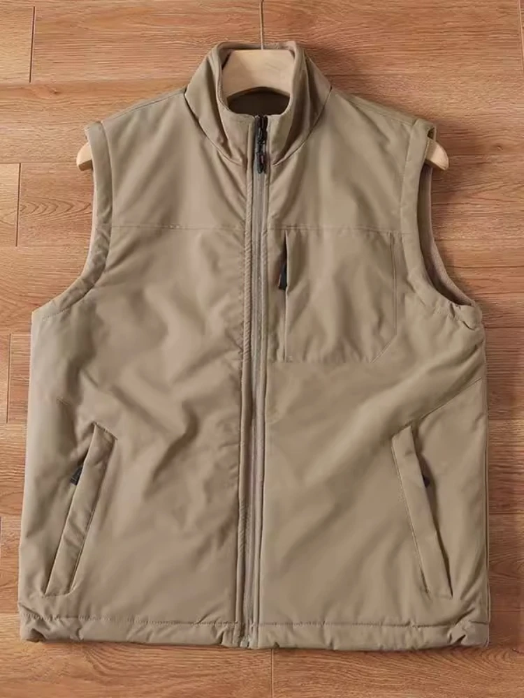 

Мужской зимний двусторонний ветрозащитный жилет с воротником-стойкой на флисовой подкладке, повседневная уличная рабочая одежда, однотонная куртка, жилет на молнии, пальто