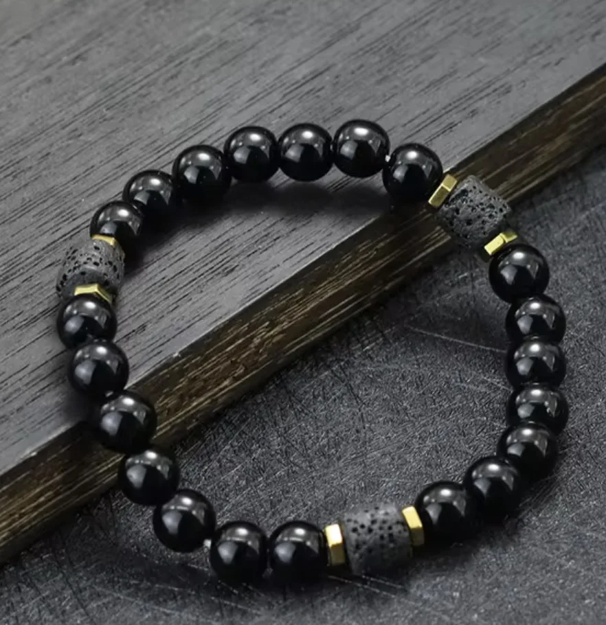 Retro Men's Natural Stone Bracelet Obsidian Volcanic Stone Stretch Beaded Bracelet Women's Casual Sports Accessory Bracelet image 5