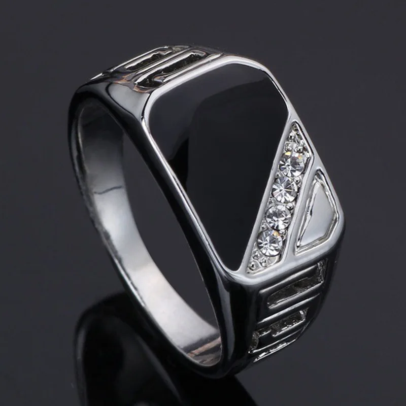 Classic Size 6-12 Men Rhineston Jewelry Gold/Silver-Color Black Enamel Male Finger Titanium Stainless Ring