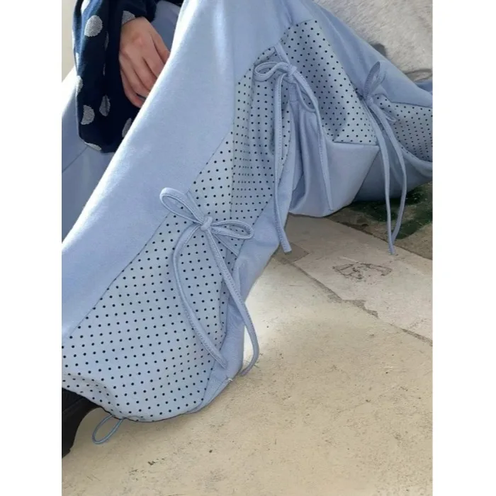 College Style Color Block Polka Dot Print Casual Pants Long Trousers Belted Women's Sweatpants Comfortable Elastic Waist
