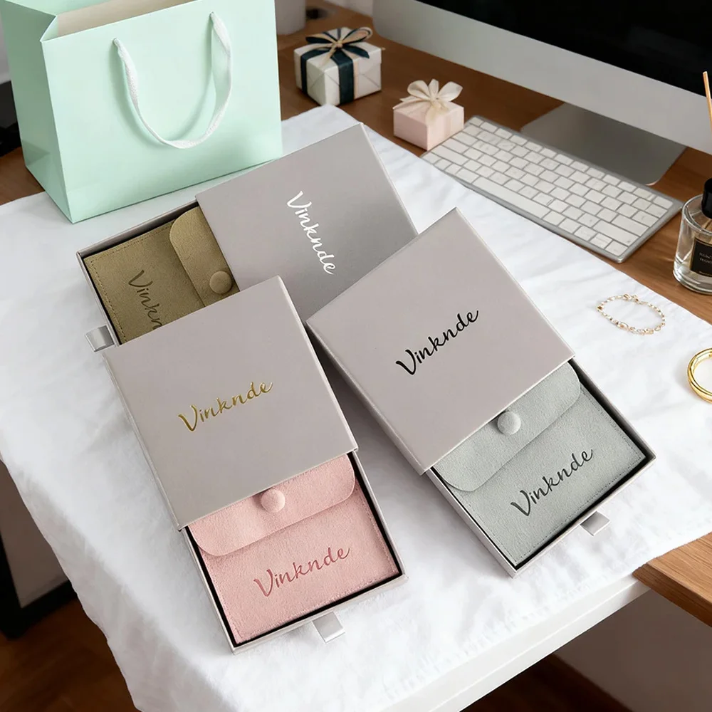 

9*9*3,2 см серые бумажные коробки для ящиков, упаковка, шкатулка для драгоценностей с бархатной сумкой 8x8 см, индивидуальный логотип, раздвижные серьги, кольца, чехол для ключей