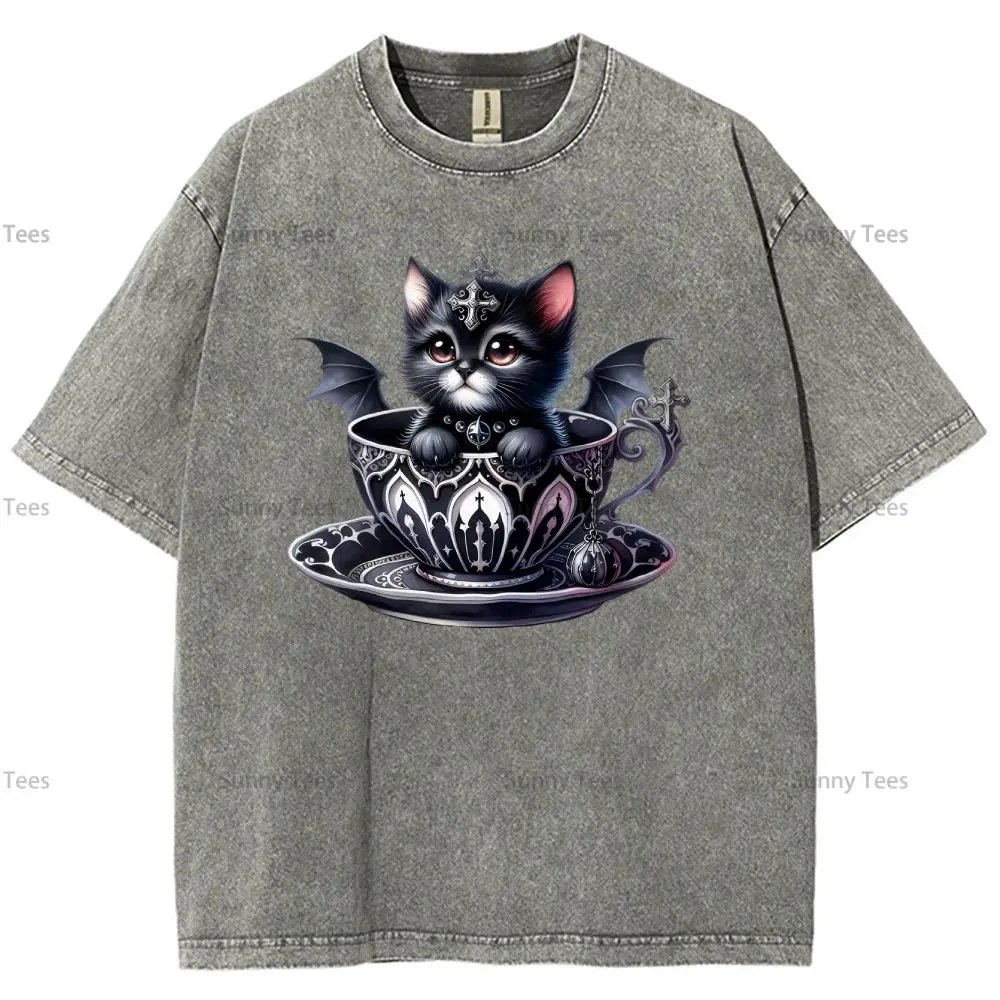 

Женская хлопковая футболка большого размера в стиле Y2k, готическая кофейная одежда с милым кошачьим принтом, летняя свободная футболка высокого качества