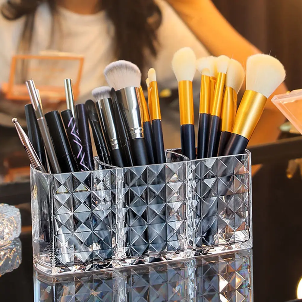 Diamond Grain Pen Pot 3-Compartment Desktop Makeup Brush Holder Large Capacity Organizer Sundries Storage Box Vanity