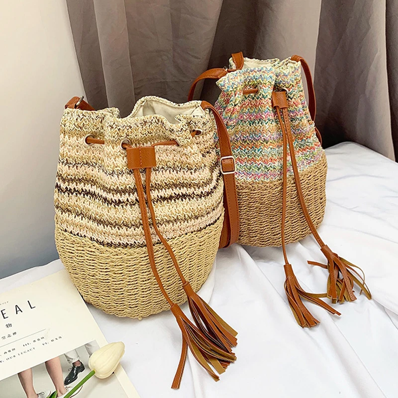 New Straw Shoulder Bags Drawstring Women\'s Straw Bucket Bag Purse Raffia Woven Straw Handbags Casual Tote Beach Crossbody Bag