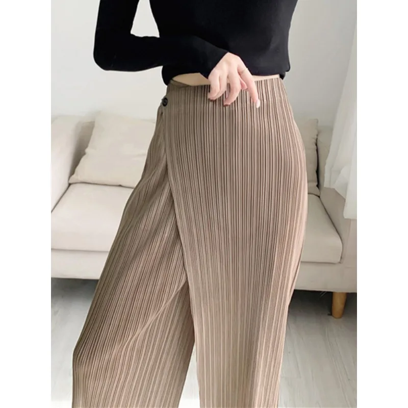 Autunno nuovi pantaloni alla caviglia a gamba larga pieghettati per donna semplice elastico per il tempo libero in vita tinta unita dritto femminile Trsouser