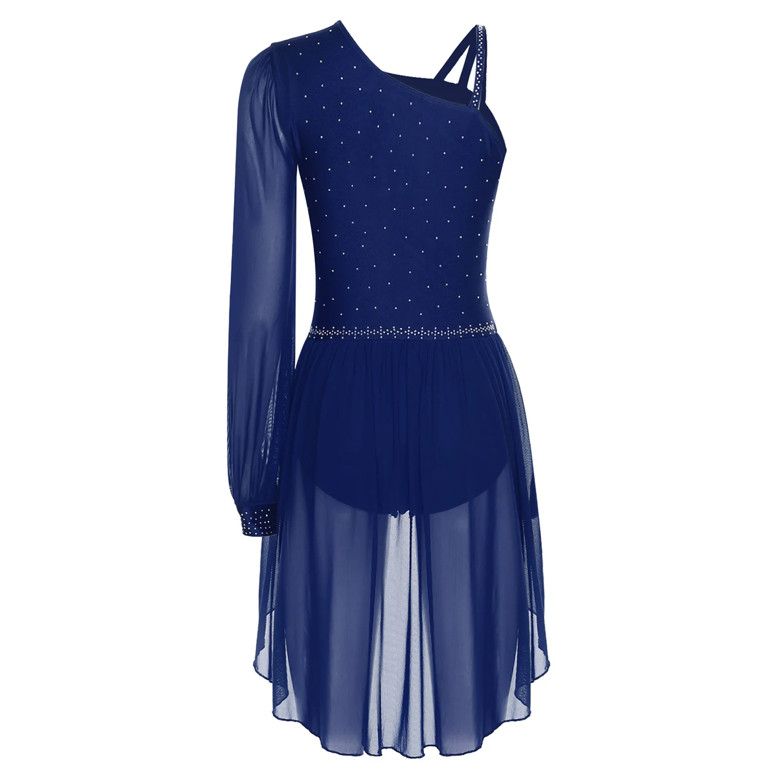 レディース リリカル ラテン ダンス ドレス ワンショルダー シングル スリーブ 非対称ドレス ジャズ体操 フィギュアスケート パフォーマンス用