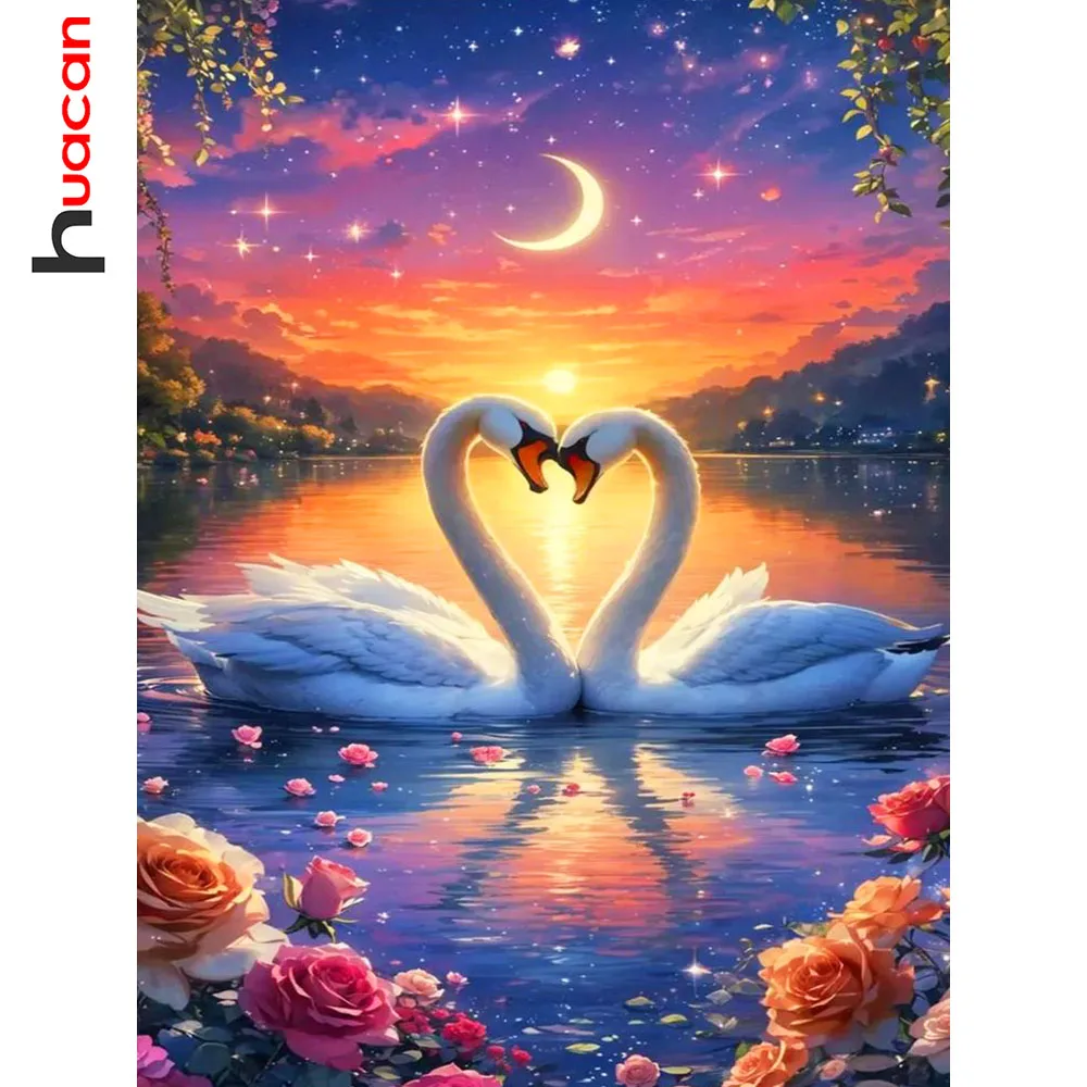 Huacan Vollquadratisches und rundes Diamantgemälde, Schwanenteich, Blume, Diamantmosaik, Tierlandschaft, komplettes Bild aus Strasssteinen