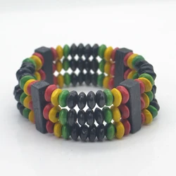 Africa Red Yellow Green Black Wooden Beads Bracelet Rasta Reggae Punk Hiphop Elastic Stretch Bracelets Fashion Jewelry