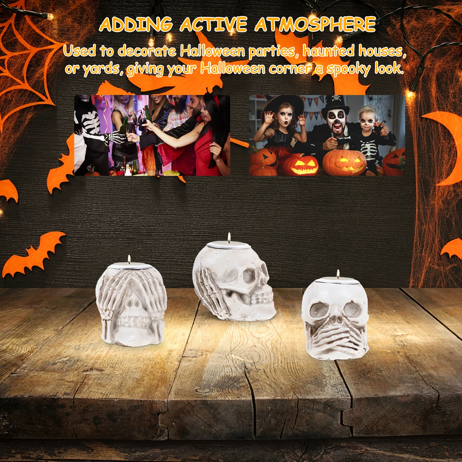 

3pcs Skull Holder Spooky Tealight Holders Halloween Party Decoration Resin Alloy Heat Resistant Lightweight