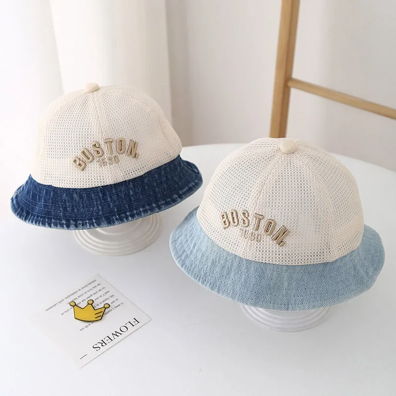 

Letter Embroidered Denim Baby Bucket Hat Summer Mesh Breathable Toddler Boy Girl Fisherman Hats For Kids Outdoor Basin Cap