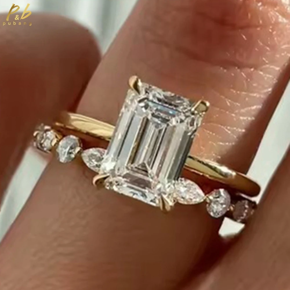 

PuBang Fine Jewelry VVS1 3EX D Real Moissanite 3 Carat Emerald Cut Wedding Ring Sets With Ring Band 14K Solid Gold Fine Jewelry