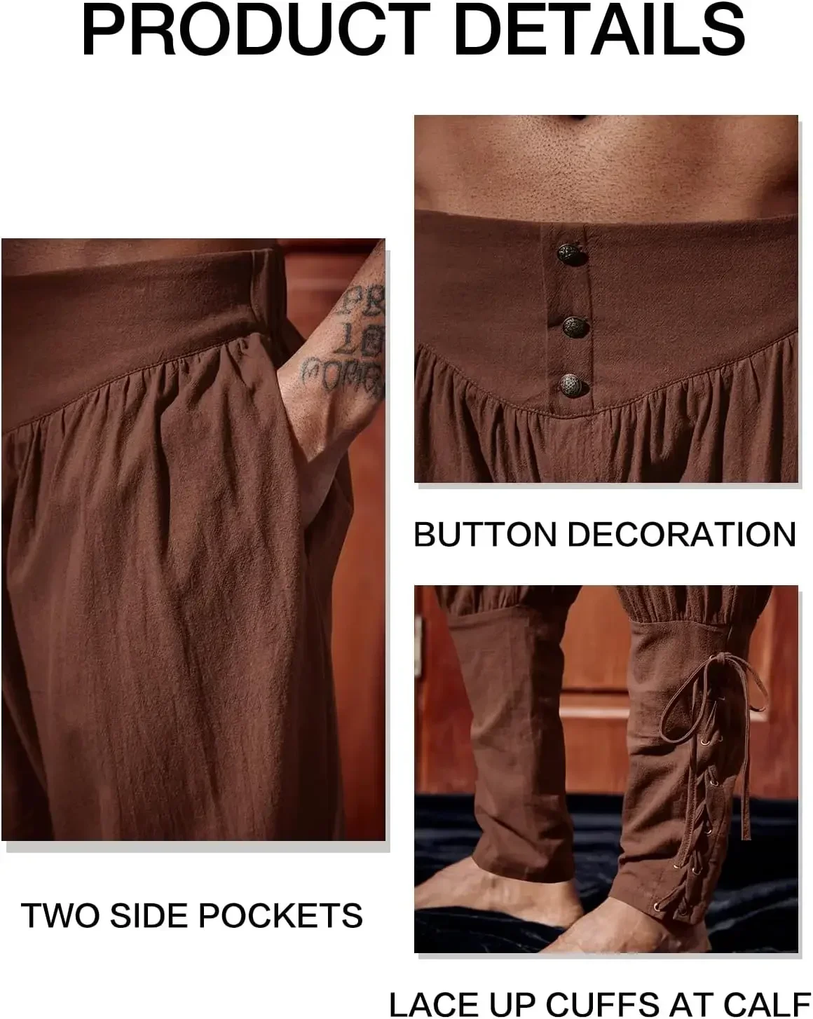 Mens Medieval Ankle Pants Renaissance Viking Pirate Lace Up Tapered Halloween Linen Costume Trousers cargo pants view 2