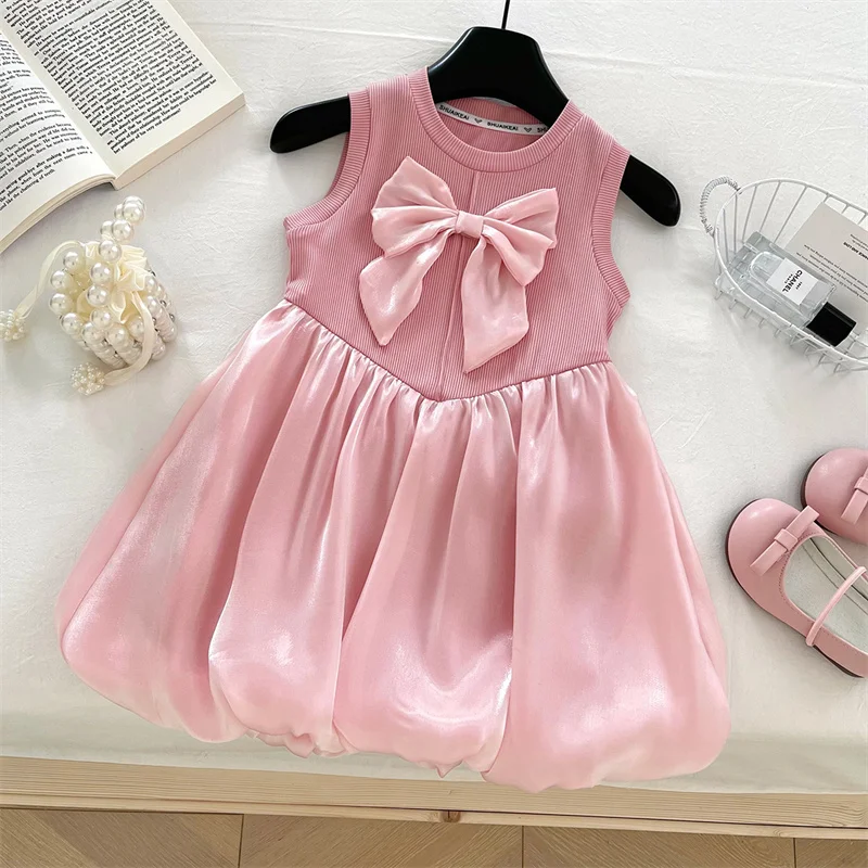 2-10Y Summer Girls Dress 2025 New Sleeveless Bow Kids Gown Baby Princess Pink Fashion Vestidos Children Casual Vest Clothing