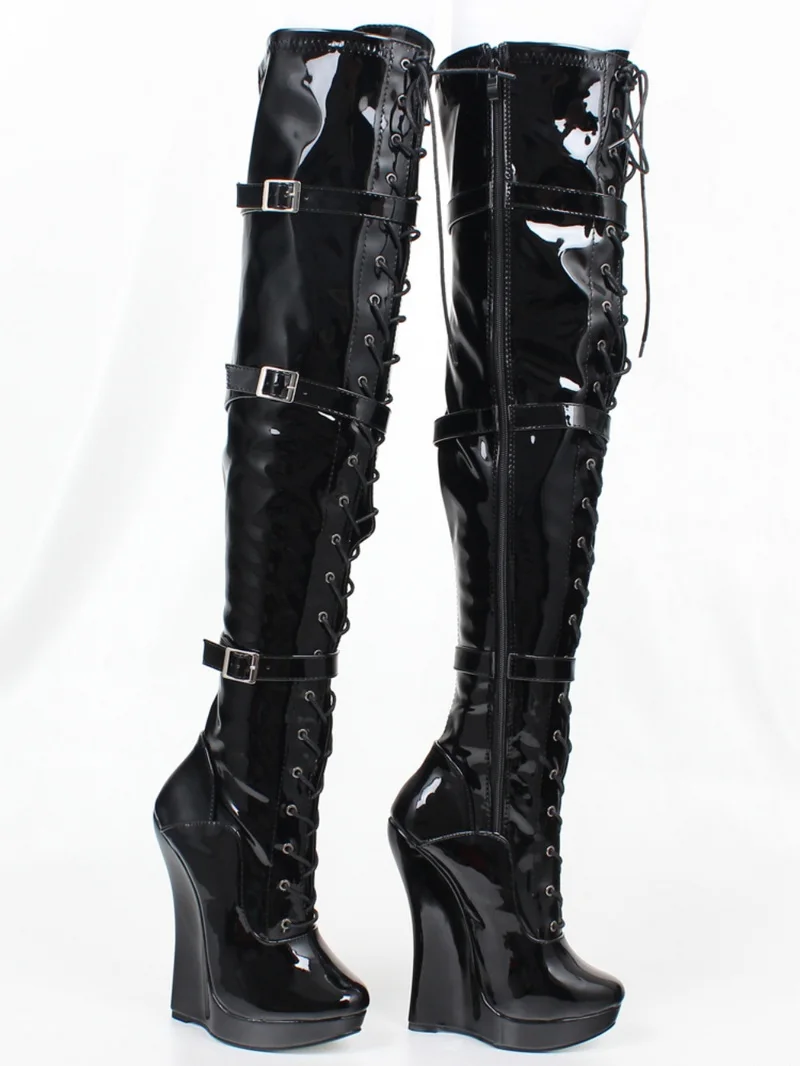 CACA Women Wedges Thigh High Boots,Men Night Club Cosplay Shoes,Stage Show Fetish Booties,Long Botas,18cm,Black,Custom.Dropship