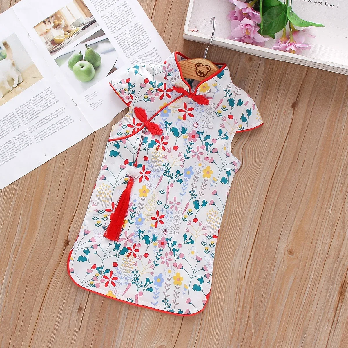 Summer Girls\' Dress New Style Style Standing Neck Flower Button Carrot Print Full Short Sleeve Qipao