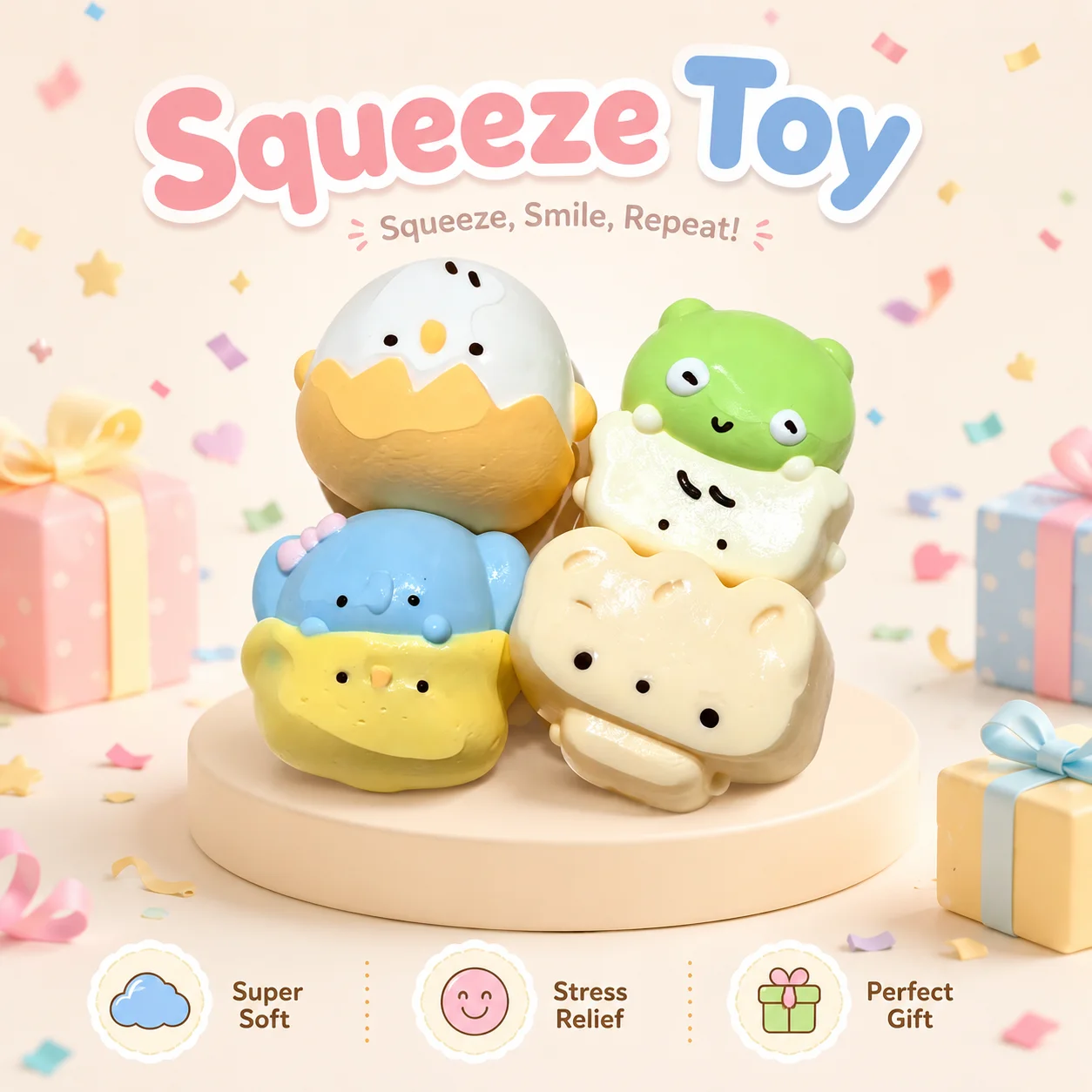 Food Grade Assorted Stackable Small Animal Squishy Toys Pack Egg Frog Elephant Cheese Shaped Slow Rebound Anxiety Relief Fidget