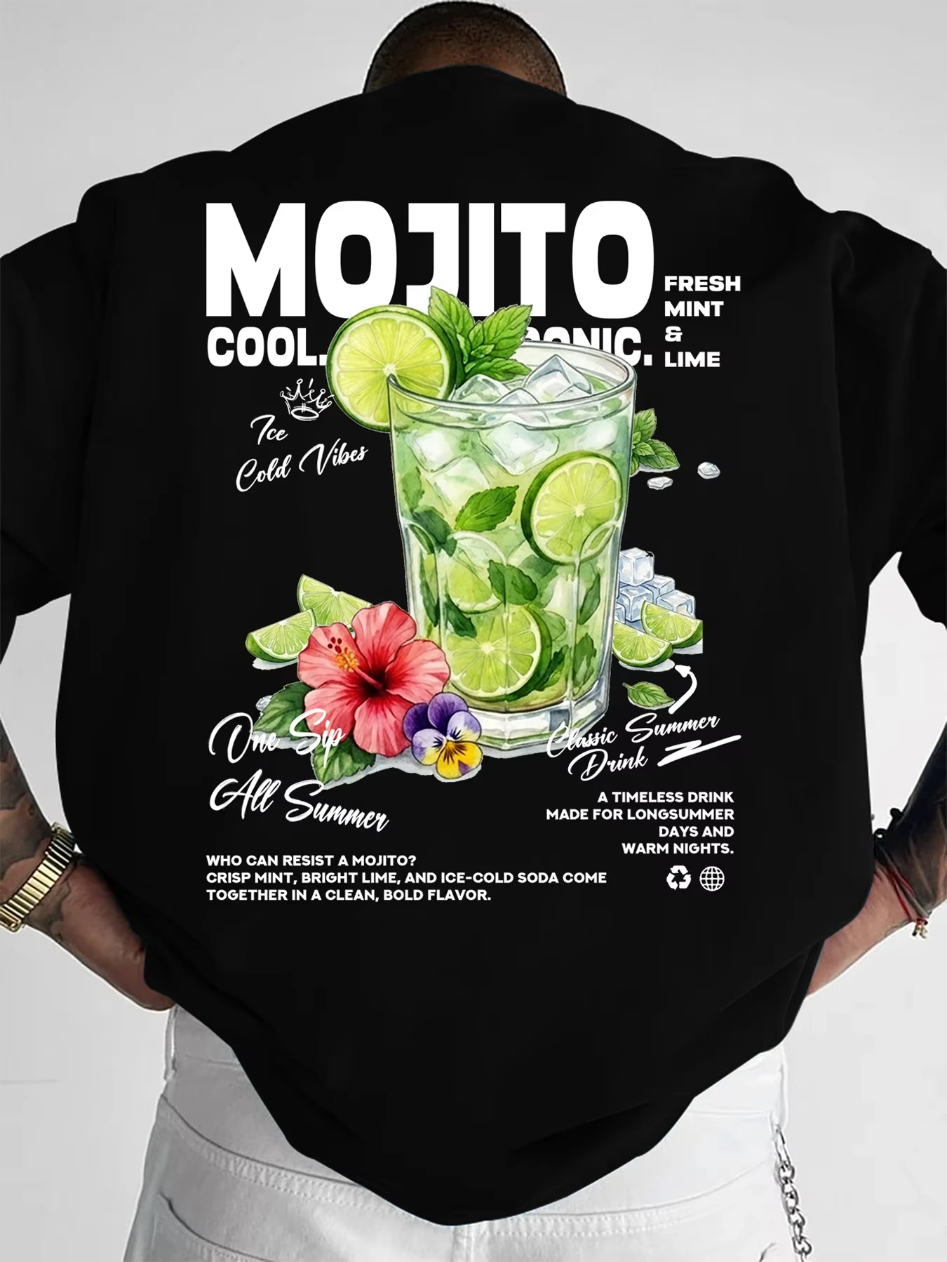 Mojito Theme Pattern Men Summer T-shirt Trendy and Versatile Fashionable Comfortable Suitable for Daily Wear Cotton