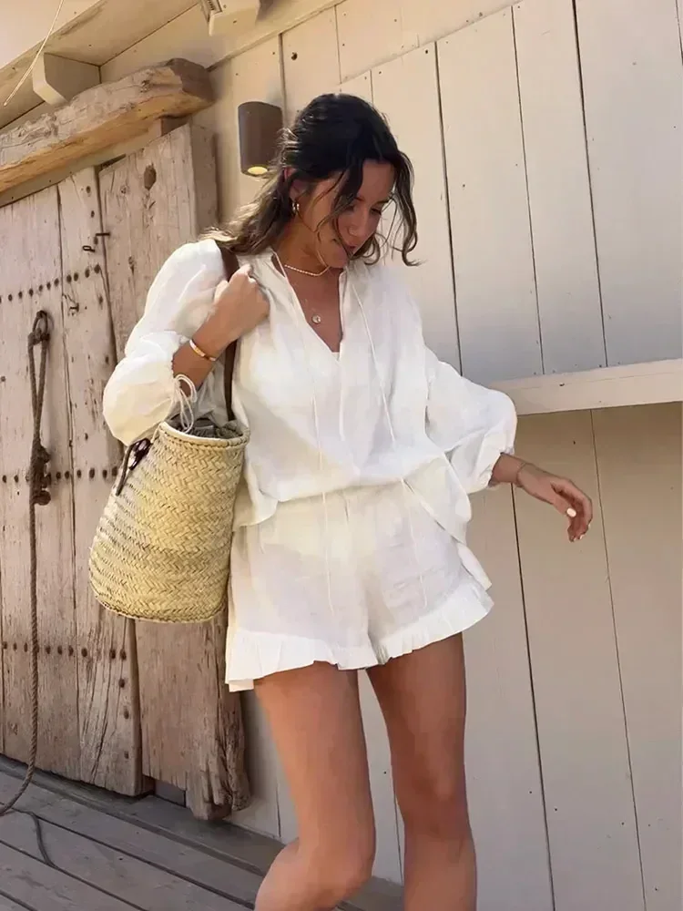 2024 Women's 2-piece Cotton and Linen Loose Shorts with Ruffled Edges and Drawstring Long-sleeved Pullover Casual Beach Set
