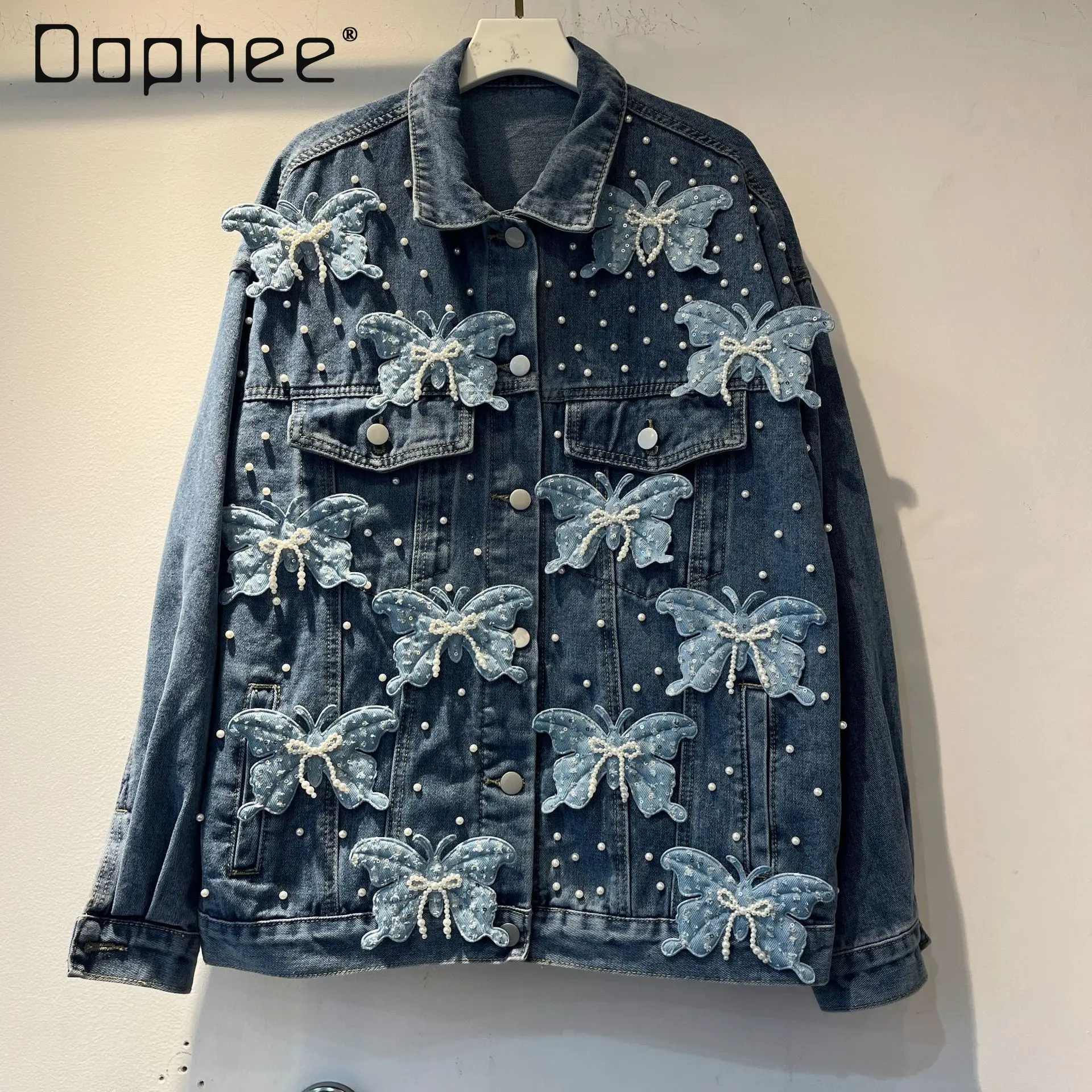 European Heavy Industry Pearl Beaded Three-Dimensional Butterfly Loose Slim Denim Coat High-End Fashion Casual Jackets for Women