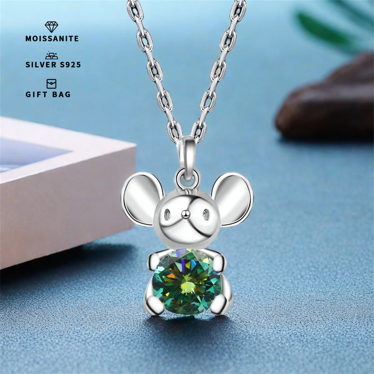 GRA Dark green Moissanite S925 silver Platinum plated pendant cute mouse necklace Zodiac clavicle chain fashion plating Platinum