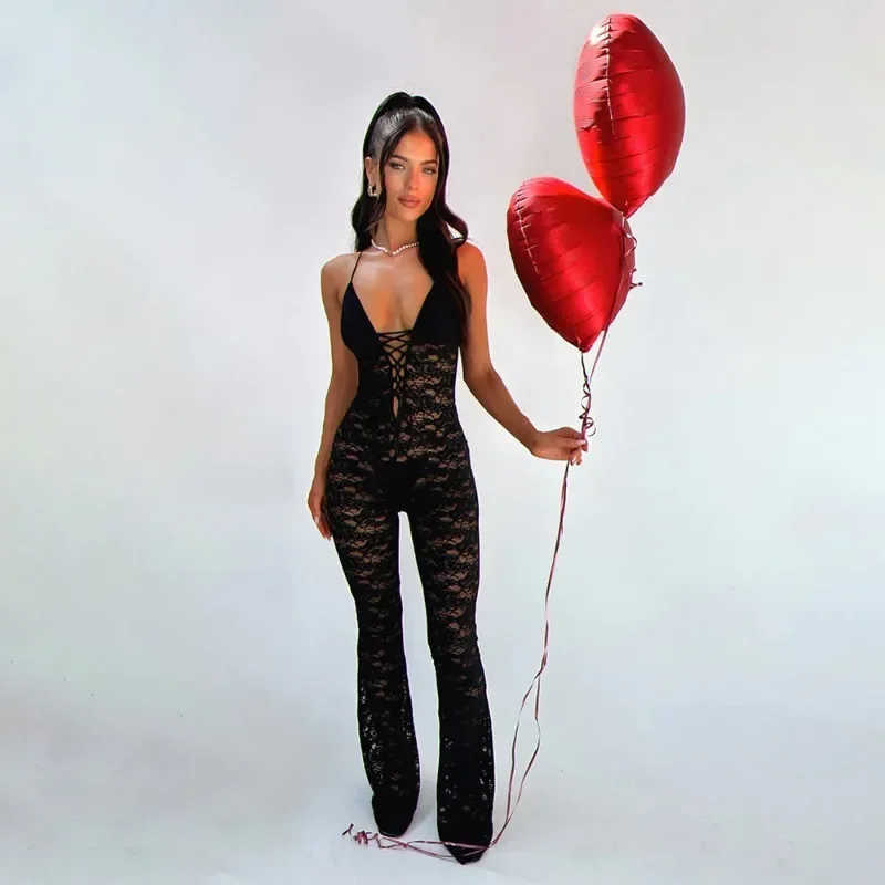 GUWU Jumpsuit Wanita Berenda Seksi Transparan Musim Semi Tanpa Lengan Kerah V Dalam Pakaian Klub Malam Transparan Pakaian Jalanan Satu Potong