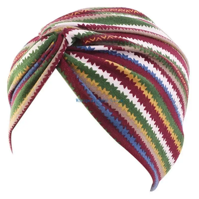 U90E Donne Boho Turbante Pieghettato Cappello Etnico Elefante A Righe per Avvolgere Testa per Croce Torsione Nodo Elastico