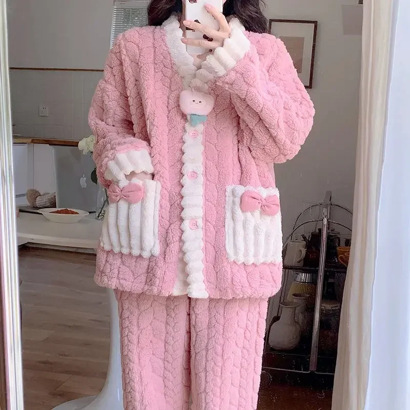 Lady Autumn Winter Thickened with Velvet Coral Velvet Cute Little Fragrance Girl Flannel Warm Home Suit Set pijama women