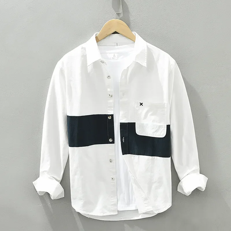 

Korean Fashion Men Long Sleeve White Shirt Streetwear Patchwork Designer Shirt Spring Fall New in Shirts Casual 100% Cotton Tops