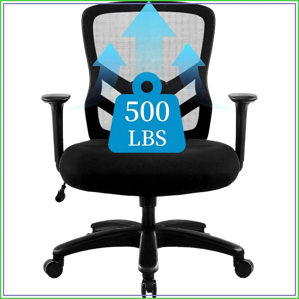 Heavy Duty Office Chair 500LBS Ergonomic Mesh with Adjustable Lumbar Support, 2D Armrest, 360° Swivel, Quiet Wheels for Adults, Black