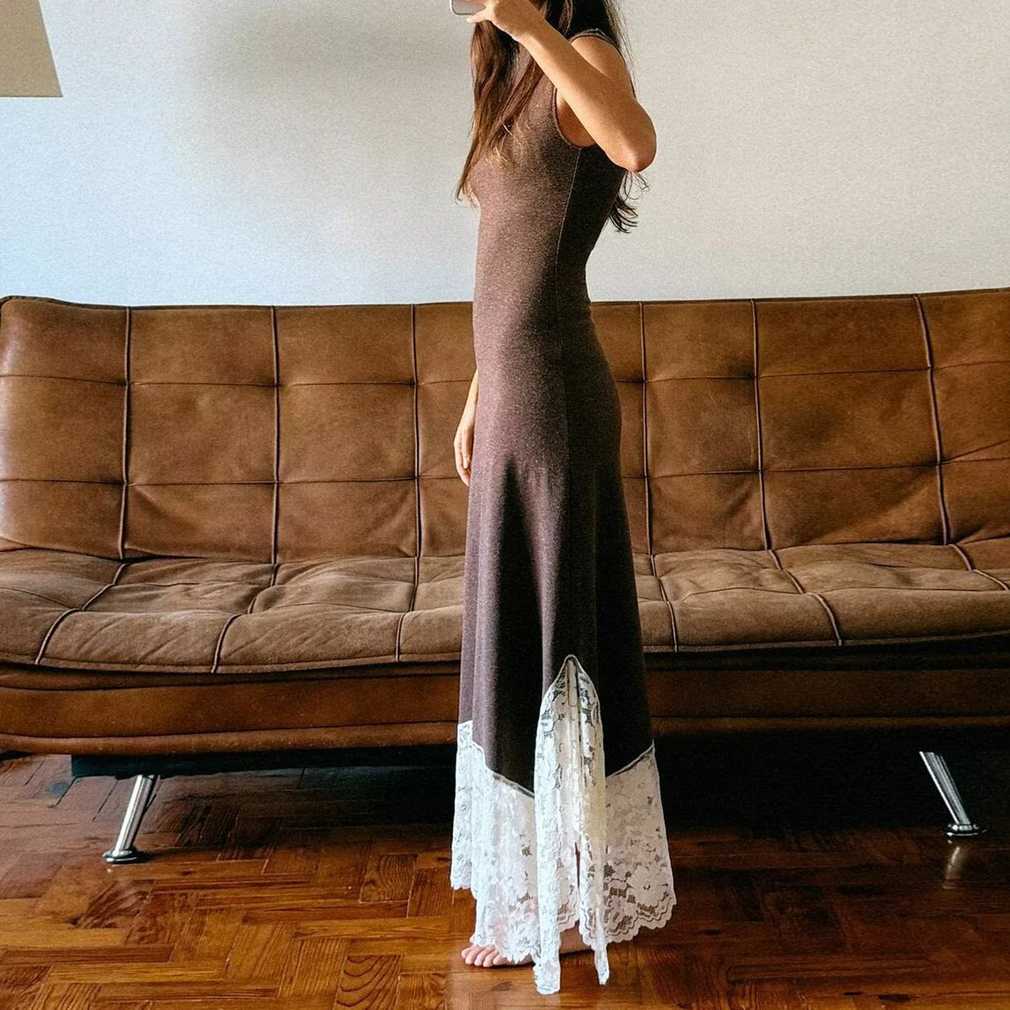 Z 2025 แฟชั่นใหม่ เดรสยาวผ้าลูกไม้ต่อผ้า ดีไซน์เฉพาะตัว วัสดุอื่นๆ 100% คอสูง ทรงเข้ารูป