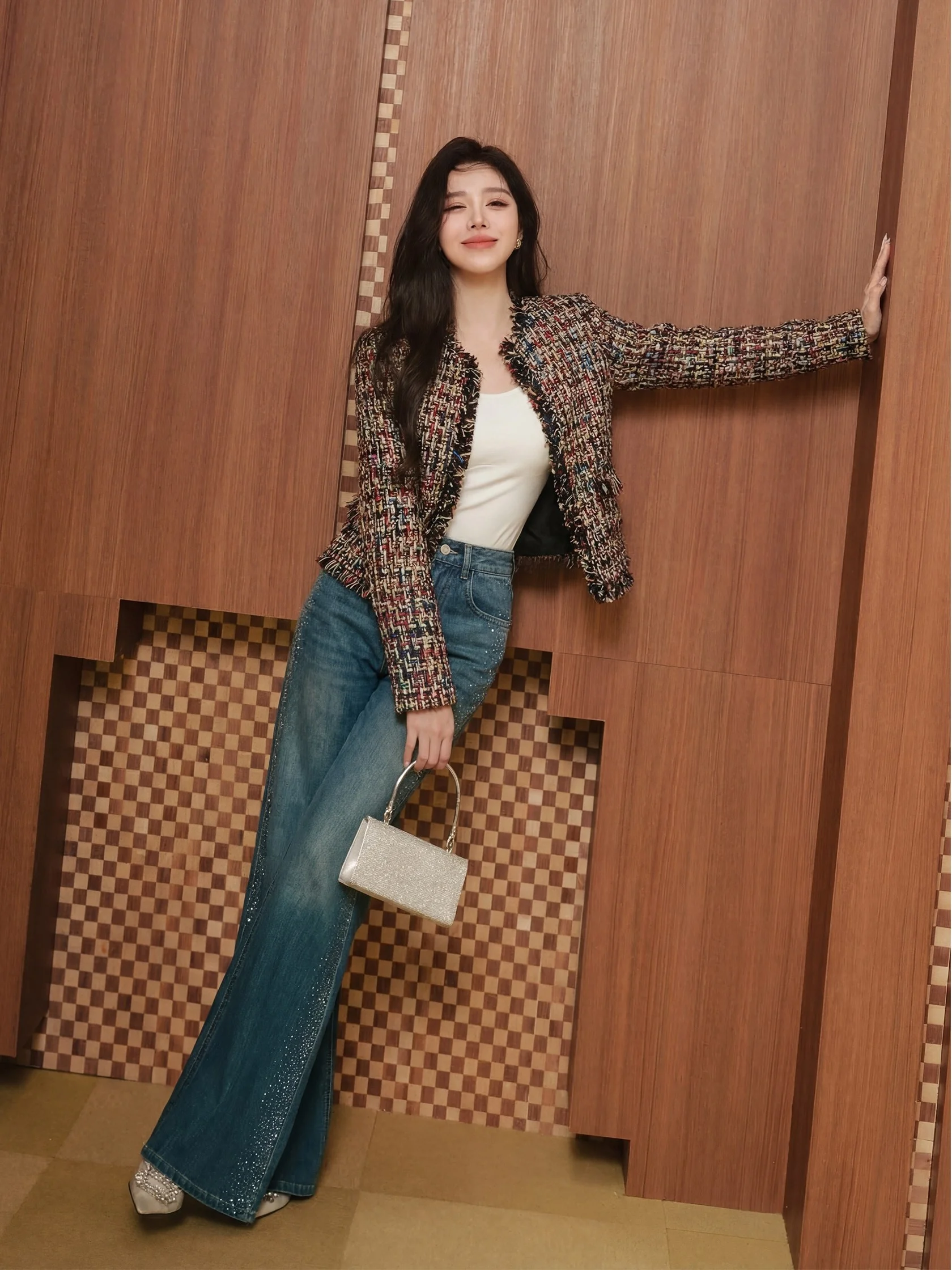 

Элегантная золотисто-черная вязаная куртка с пайетками, женская модная укороченная верхняя одежда в ретро-стиле, с круглым вырезом, длинными рукавами, из полиэстера