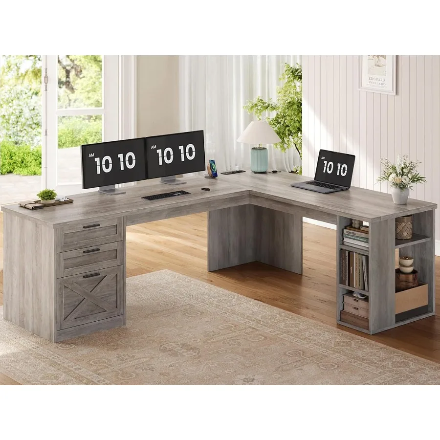 67 L-Shaped Home Office Desk with 3 Drawers and Storage Shelves Corner Computer Desk with Built-in Power Outlets for Remote Wor
