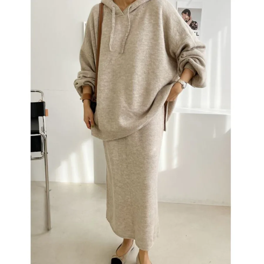 Autumn Winter Warm Knitwears Two Piece Sets For Womens Outfit Korean Casual Hooded Oversized Sweater+knitting Skirts Sets 2024