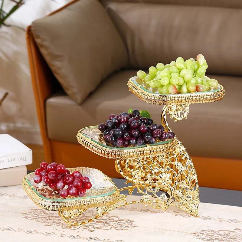 

European-style Creative Platter Fruit Plate Light Luxury Living Room Household Dried Fruit Plate Multi-layer Glass Candy Plate