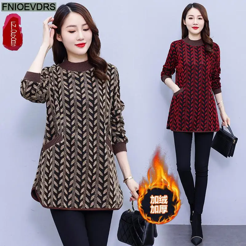 L-5XL Loose Clothes Women Winter Warm Thick Basic Wear Elegant Office Lady Casual Print Retro Vintage Ruffles Velvet Tops Blouse
