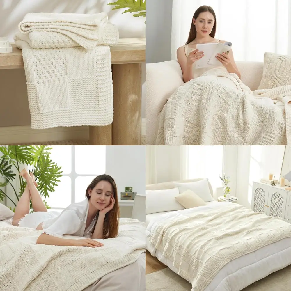 

chenille knit throw blanket for couch, checkered texture decorative soft blanket for sofa, bed & living room, 50"x60", ivory