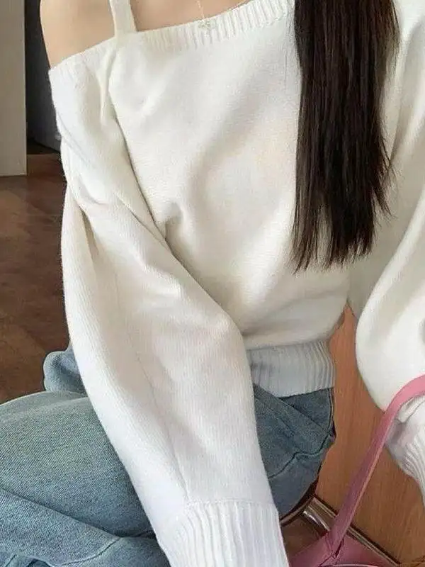 Loose Casual Long Sleeve Knitted Sweater Shoulder Bared Chic Design Autumn Top Women's Fashionable Comfortable Knitwear