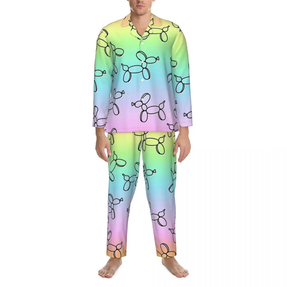 Colorful Balloon Dogs Sleepwear Autumn Ombre Print Aesthetic Oversize Pajamas Set Men Long Sleeve Lovely Home Custom Nightwear