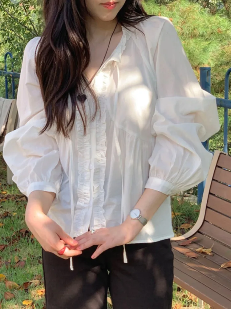 حزام أبيض طويل Sve V-Ne للسيدات irt كوري Sle فضفاض مناسب Fairy T مزين بحزام ربيع الخريف متعدد الاستخدامات شبه منتفخ...