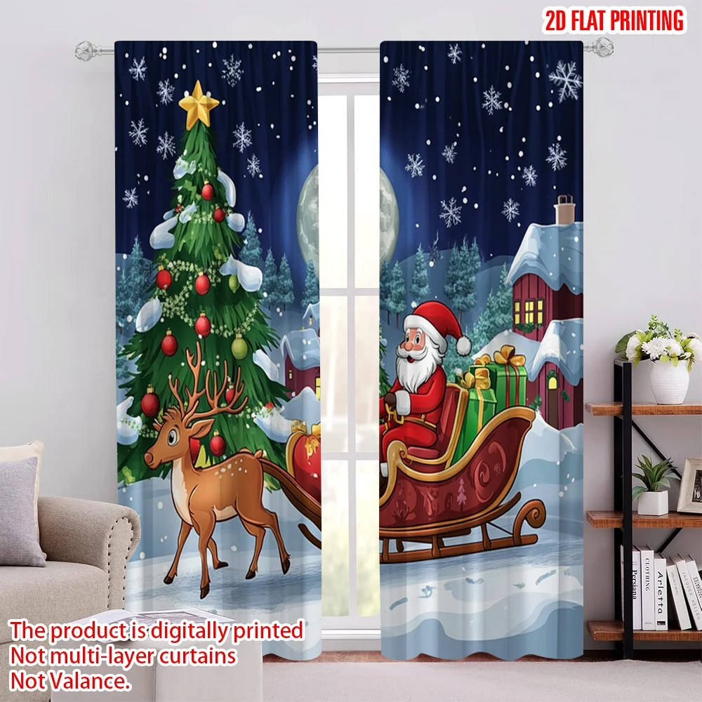 

2Pcs 2D Flat PrintingChristmas Curtains Country Landscape At Night Trees Santa Claus Snowdrift Reindeers Suitable For Living