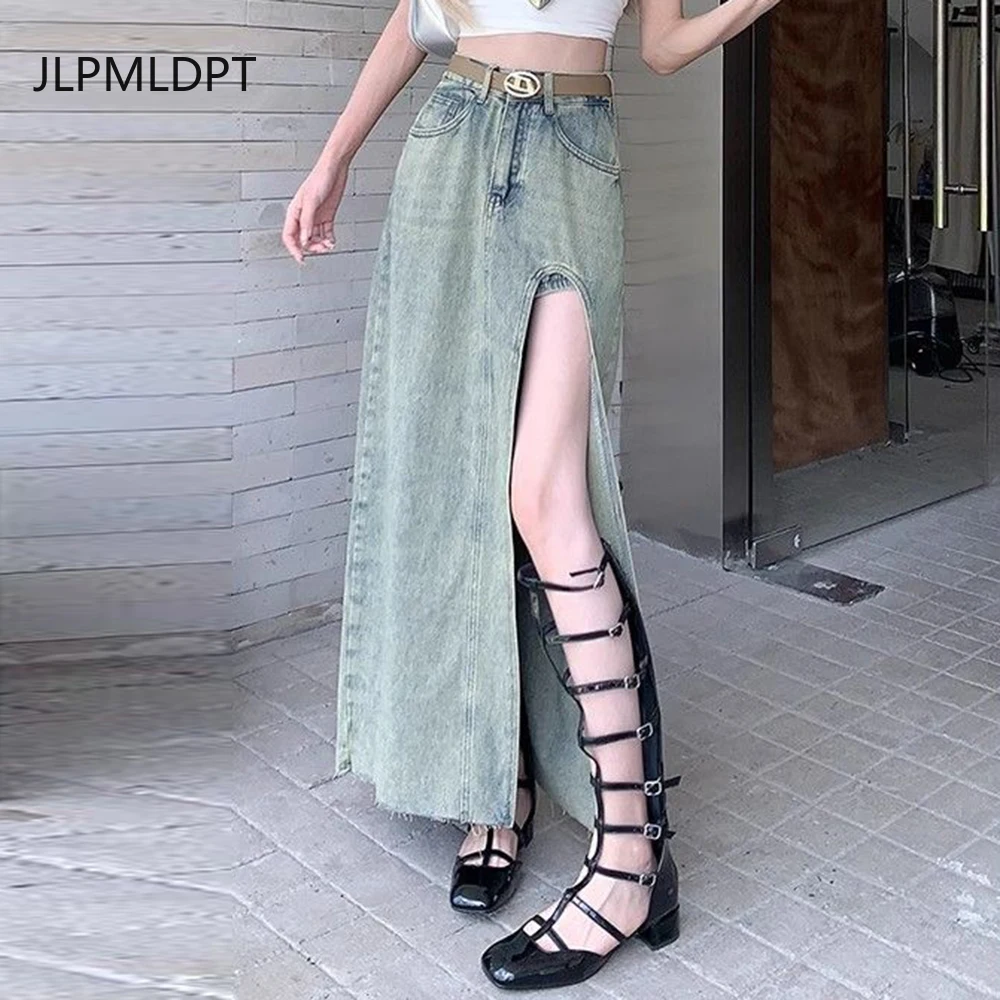 

Spice girl split denim women's summer 2025 new retro high waist and thin design A word medium and long skirt