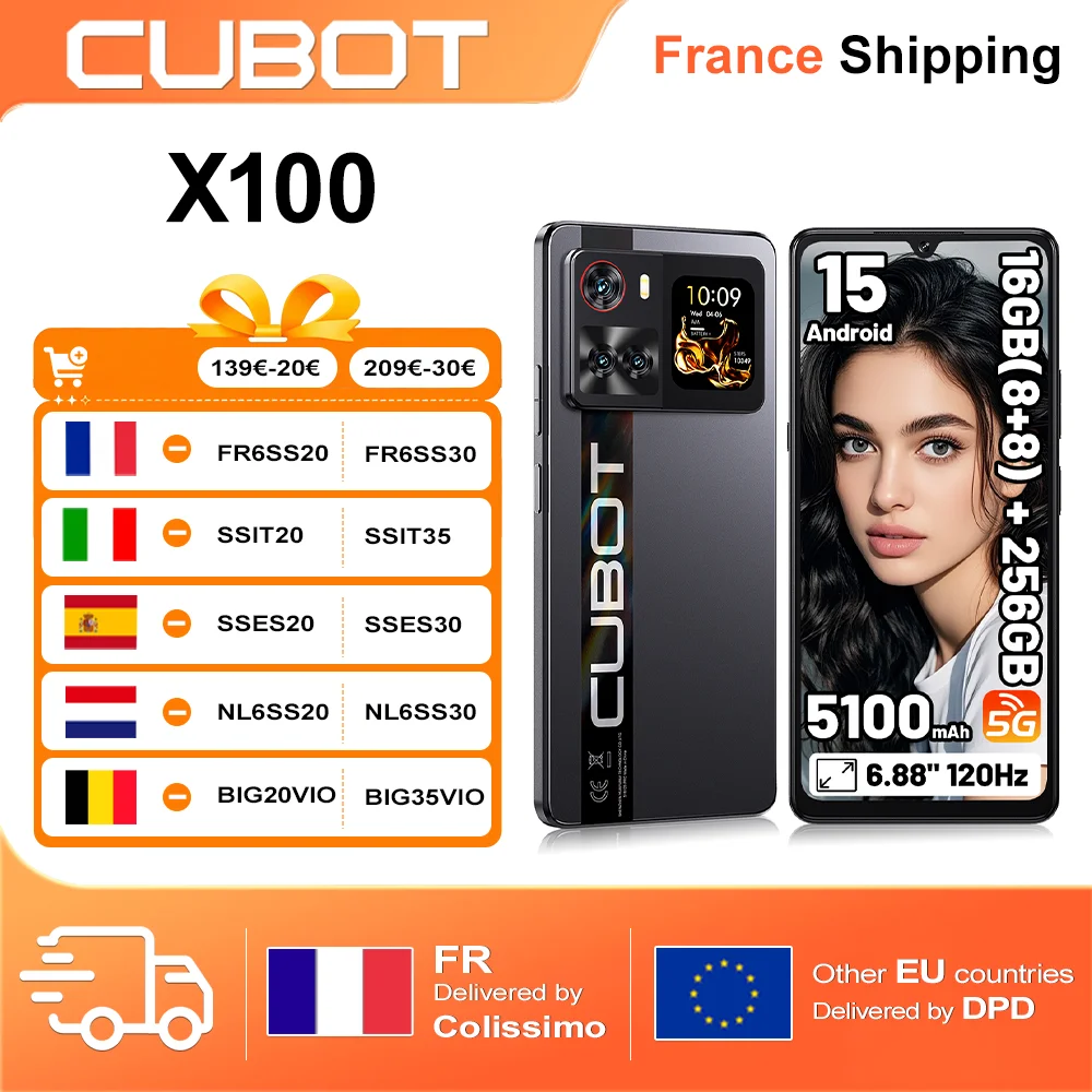 Cubot X100 16GB(8 + 8) RAM + 256GB ROM 64MP caméra 5100mAh Android 15 dimension 7025 5G Smartphone 6.88 "120Hz 33W NFC téléphone portable