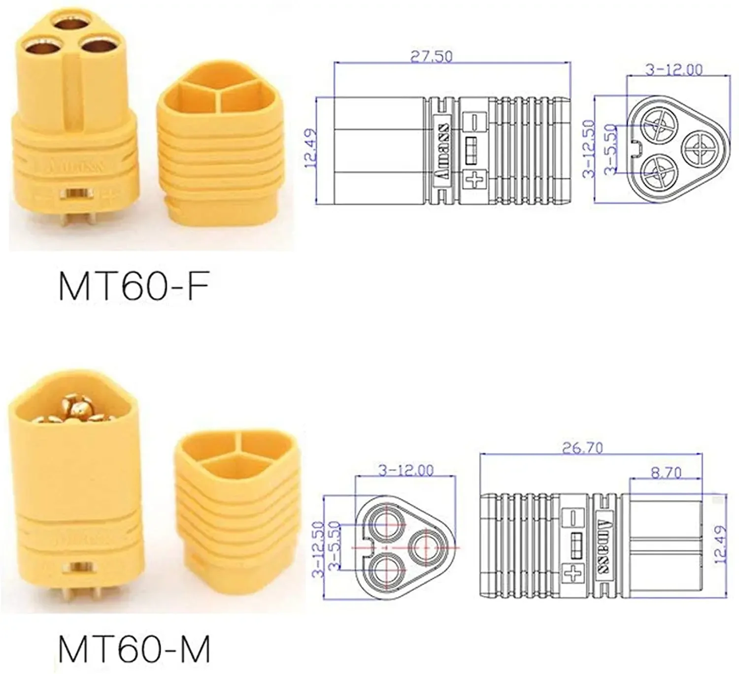 5Pairs Amass MT60 3.5mm ESC Motor Connector 3 Pole Male Female for RC Quad Car Battery Charger