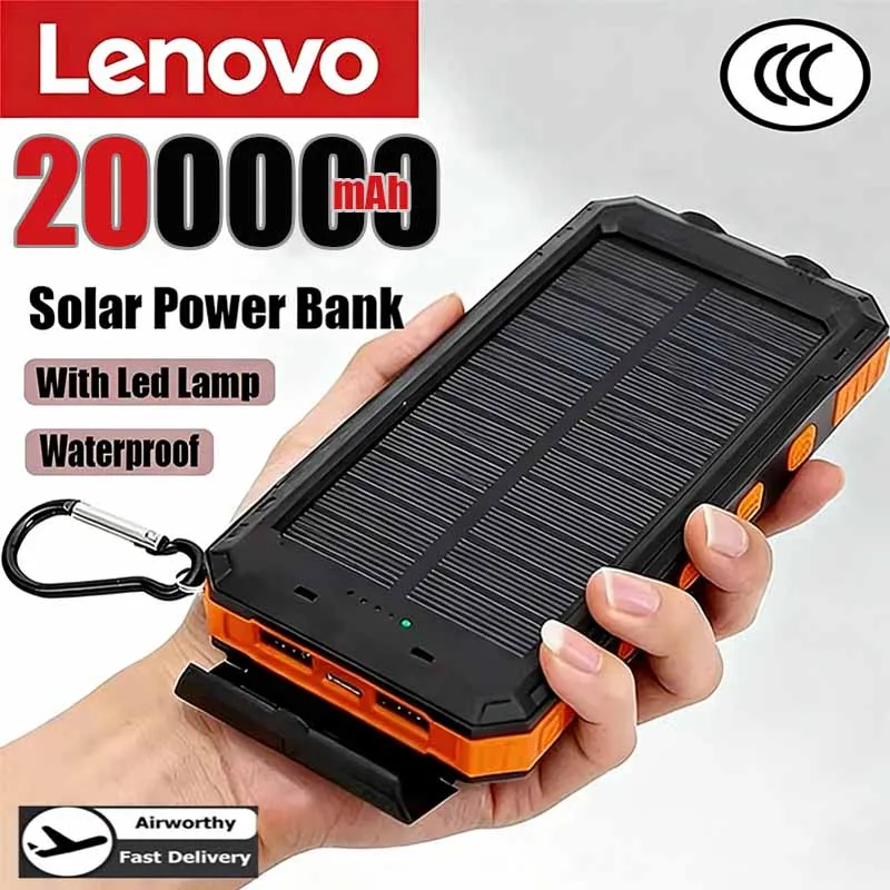 

Портативное зарядное устройство Lenovo 200000 мАч на солнечной энергии, большой емкости, совместимое с IOS, Android, USB-A и USB-C, быстрая зарядка, новинка