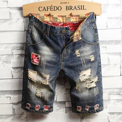 2024 yaz denim şort erkek delik ve yama orta pantolon slim-fit retro sıkıntılı moda motosiklet şort