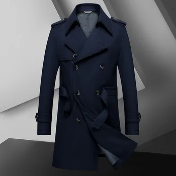Men's Belted Double-Breasted Trench Coat 4 2024 Autumn New Men's Medium to Long Fashion Windbreaker Coat High Quality Double breasted British style Coat Series Belt Coat 4