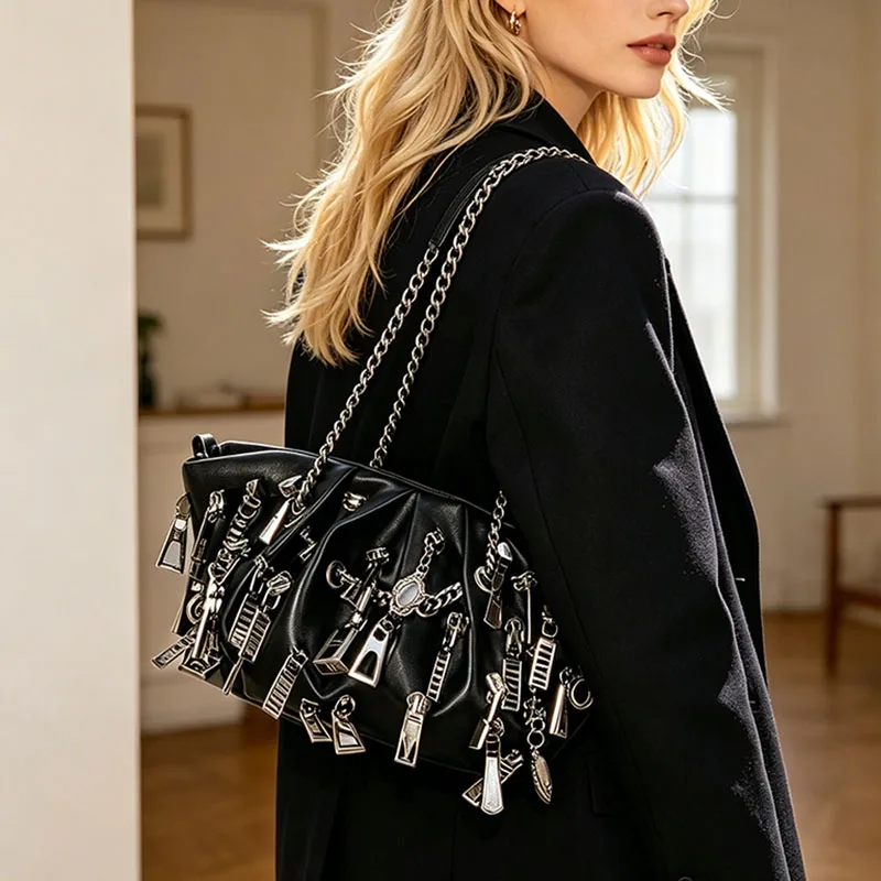 Women's Punk Personality Y2K Girl Black Wrinkled Cloud Dumpling Bag PU Metal Chain Shoulder Bag Crossbody Bag Handbag Female